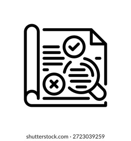 Icono de línea de análisis de registro, símbolo de esquema para supervisión del sistema, seguimiento de actividad, depuración de errores, revisión de auditoría e informes de diagnóstico. Icono de signo de Vector.