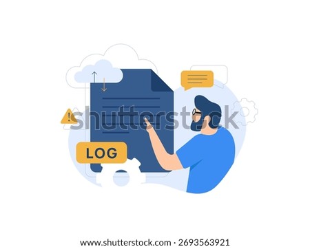 Log analysis specialist examines cloud-stored system logs. Warning alerts, debugging concept and cybersecurity threat detection in modern tech infrastructures. Log analysis vector illustration