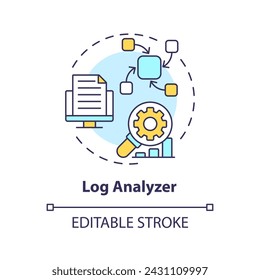 Log analyzer multi color concept icon. Server maintenance, troubleshooting. Performance monitoring, digital tracking. Round shape line illustration. Abstract idea. Graphic design. Easy to use