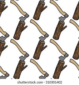Log and axe - wood and tools. Hand-drawn seamless cartoon pattern with timber. Doodle drawing. Vector illustration. 