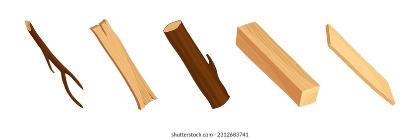 Log, Block and Wooden Plank as Sawed Timber Vector Set