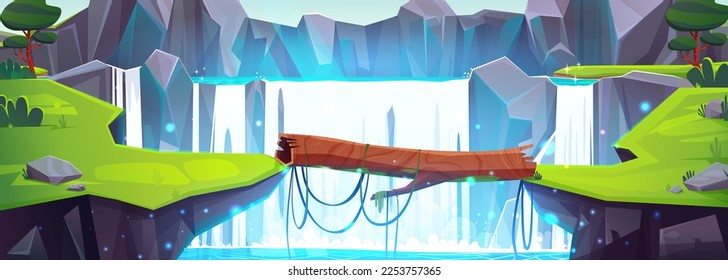 Log bridge across river between cliffs wirth waterfall. Vector cartoon illustration of rocky mountain landscape with green grass and trees. Beautiful nature background for adventure and travel game