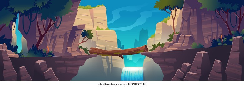 Бревенчатый мост между горами над скалой в ландшафте скальных вершин с фоном водопада и деревьев. Красивый вид на природу пейзажа, балочный мост соединяет скалистые края, векторная иллюстрация мультфильма