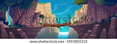 Log bridge between mountains above cliff in rock peaks landscape with waterfall and trees background. Beautiful scenery nature view, beam bridgework connect rocky edges, Cartoon vector illustration Stock foto © 
