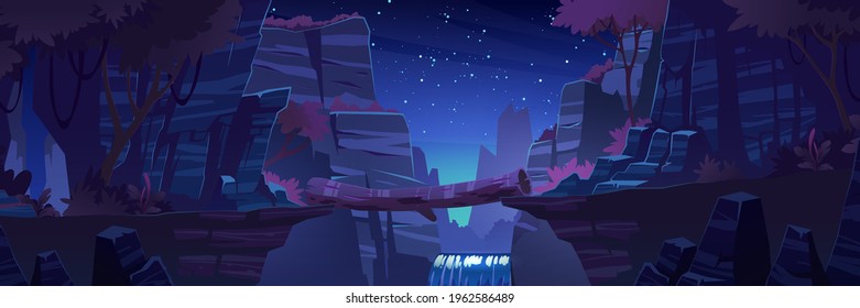 Log bridge between mountains edges above cliff night time landscape, rock peaks, waterfall and trees under starry sky scenery background. Beautiful nature view with beam, Cartoon vector illustration