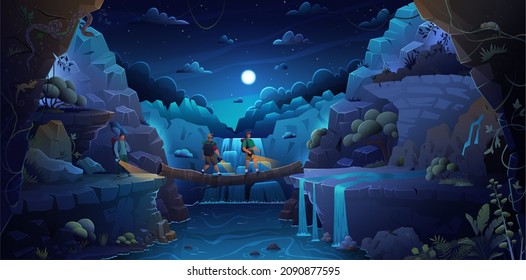 Log bridge between mountains edges above cliff. Night scene of landscape, rock peaks, waterfall and trees under starry sky. People walk across bridge over river. Night nature and hikers outdoors