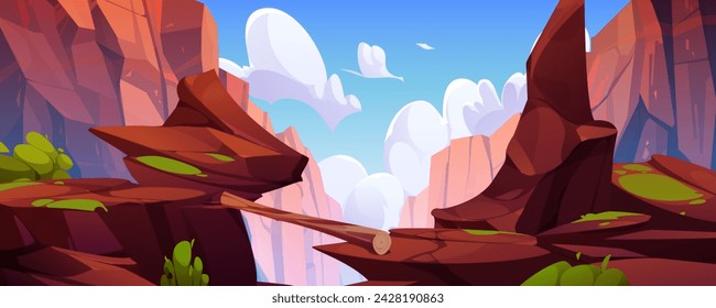 Log bridge in mountains. Vector cartoon illustration of rocky canyon landscape, tree lying above gap between high cliffs, green moss on cracked stones, white clouds in blue sunny sky, game background