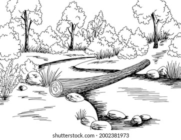 Log bridge over the river graphic black white forest landscape sketch illustration vector