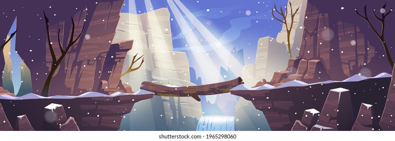 Log bridge at winter mountains above rock cliff. Scenery landscape with frozen waterfall, bare trees and falling snow. Beautiful nature view, beam connect rocky edges, Cartoon vector illustration