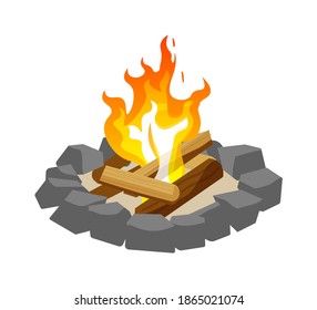 Log burning in campfire surrounded with stone isolated