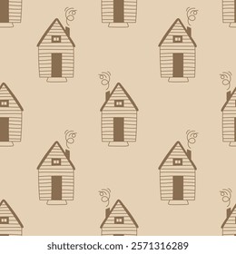 Log Cabin Building Seamless Pattern. Wooden house with smoke from the chimney background. Beige and brown colors. Repeat vector illustration