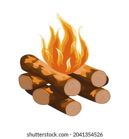 Log cabin campfire isolated on white background. Hiking fireplace in flat style. Cartoon vector illustration for any purpose.