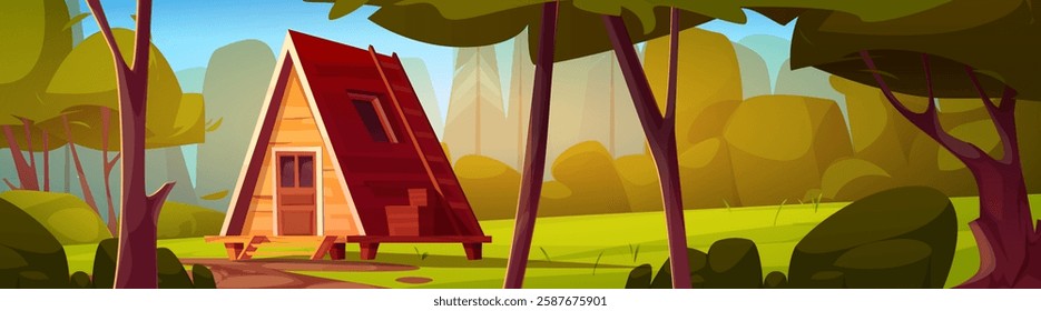 Log cabin in forest landscape with green meadow and tall trees. Wooden triangular house surrounded by lush woodland scenery. Cartoon tranquil wilderness setting with outdoor adventure camping.