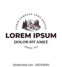 Log cabin in forest with river hand drawn logo