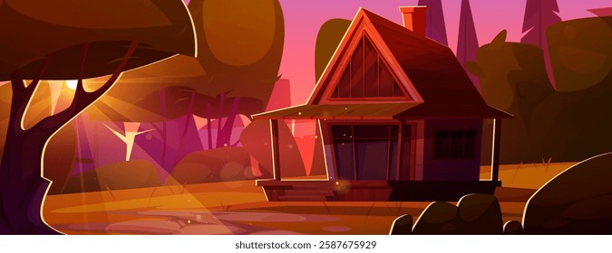 Log cabin in forest at sunset with pink sky. Wooden structure with triangular roof among trees, rocks and sunlit background. Rustic or camping wood house in wilderness atmosphere for game design.