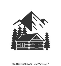 log cabin, foret with mountain logo design