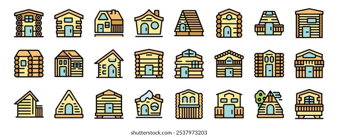 Los íconos de las cabañas de troncos representan encantadoras casas de madera aptas para Configuraciones forestales, montañosas o rurales, que evocan una sensación de encanto rústico y tranquilidad