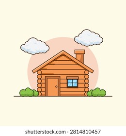 Log Cabin in Nature with Clouds Cartoon Vector Illustration Flat Design