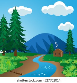 A log cabin near the river. Vector illustration of nature