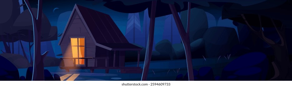 Log cabin in night forest with glowing window. Small wooden house surrounded by trees under moonlight. Cozy wilderness retreat. Dark blue scene for camping illustration or mystery game background.