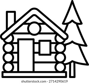 Log Cabin Outline Icon with Pine Tree