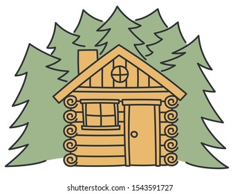 Log cabin - outline summer house in white background. Nature forest tree vector illustration. Outdoor landscape - brown wooden lodge in village or forest. Countryside architecture as travel symbol.