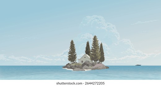 Log cabin and pine trees on small rocky island loacted in tropical blue sea have blue sky background graphic illustration.