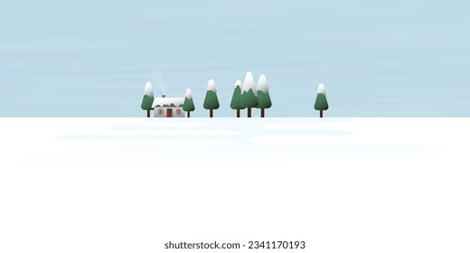 Log cabin with pines forest in snowland flat design vector illustration with blank space. Rural landscape, house and pine trees in winter season.