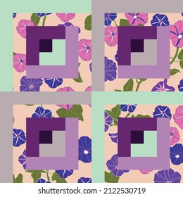 Log cabin quilt patchwork seamless pattern with floral textures. Geometric and floral combination fabric print. Perfect for textile and wallpapers.