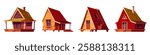 Log cabin set with wooden structures. Countryside cottages with steep roofs, front porches and arched windows for rustic forest architecture. Cozy vacation homes design for mountain resort interface.