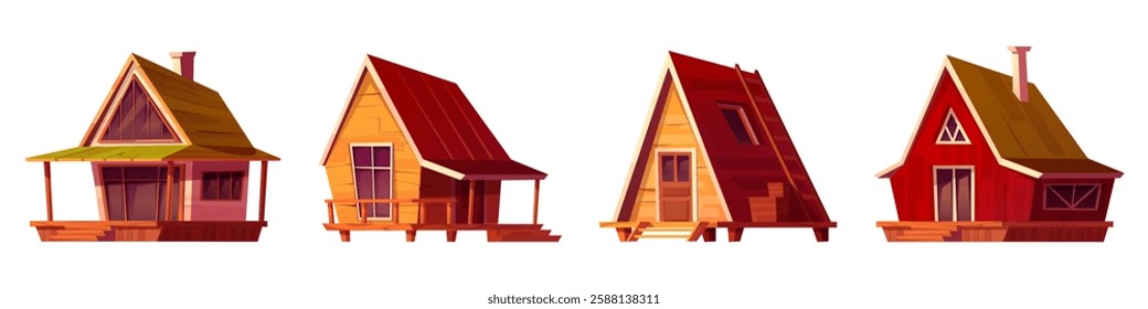 Log cabin set with wooden structures. Countryside cottages with steep roofs, front porches and arched windows for rustic forest architecture. Cozy vacation homes design for mountain resort interface.