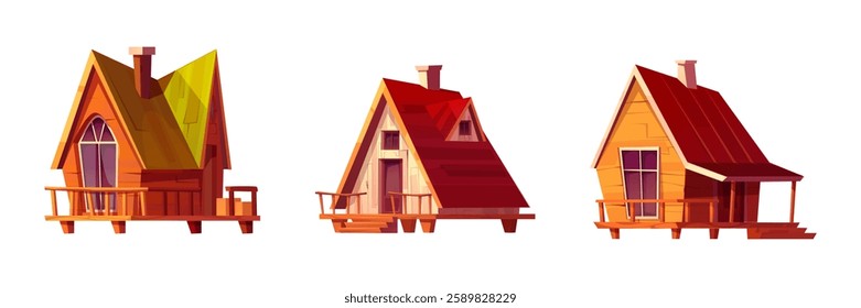 Log cabin set with wooden structures. Countryside cottages with steep roofs, front porches and arched windows for rustic forest architecture. Cozy vacation homes design for mountain resort interface.