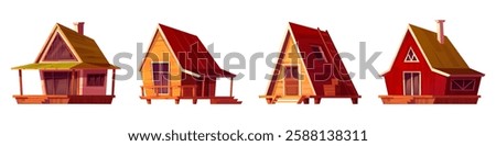 Log cabin set with wooden structures. Countryside cottages with steep roofs, front porches and arched windows for rustic forest architecture. Cozy vacation homes design for mountain resort interface.