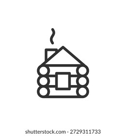 Log cabin with smoke, linear icon. Wooden house and rural living. Line with editable stroke.