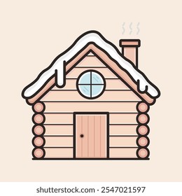 Log cabin with smoking chimney, circular window, front door, wooden brown, snow on roof and ready for cold day. Woodland Cabin vector filled icon.