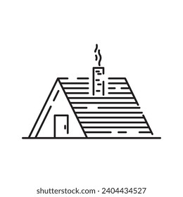 Log Cabin Vector Line Icon. Winter wooden house and camping