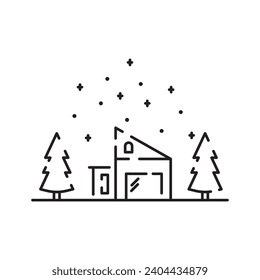 Log Cabin Vector Line Icon. Winter wooden house and camping
