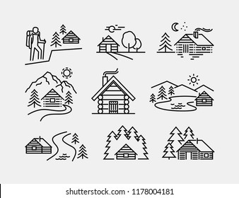 Log Cabin Vector Line Icons
