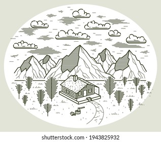 Log cabin wooden house in pine forest over mountain range vector nature illustration isolated on white, cottage woodhouse for rest in pine forest, holidays and vacations theme line art drawing.