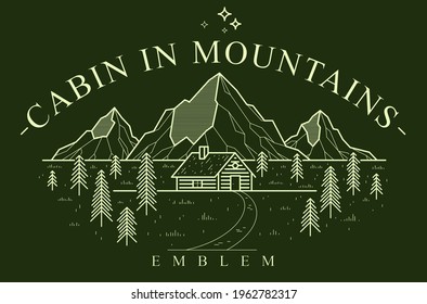 Log cabin wooden house in pine forest over mountain range vector nature emblem on dark, cottage woodhouse for rest in pine forest, holidays and vacations theme line art drawing logo.