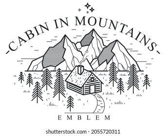 Log cabin wooden house in pine forest over mountain range vector nature emblem isolated on white, cottage woodhouse for rest in pine forest, holidays and vacations theme line art logo.