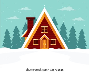 Log Cabin in the Woods. Flat Design Style. 