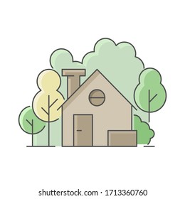 Log cabin in the woods. Flat style illustration. Isolated on white background. 