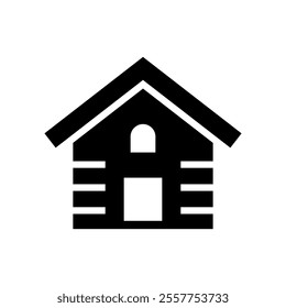 Log cabin in woods icon or logo. Simple wooden cottage vector illustration.