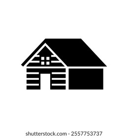 Log cabin in woods icon or logo. Simple wooden cottage vector illustration.