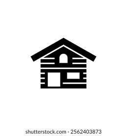 Log cabin in woods icon or logo. Simple wooden cottage vector illustration.