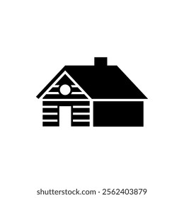 Log cabin in woods icon or logo. Simple wooden cottage vector illustration.