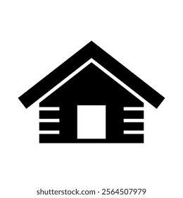 Log cabin in woods icon or logo. Simple wooden cottage vector illustration.