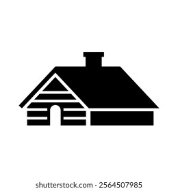 Log cabin in woods icon or logo. Simple wooden cottage vector illustration.