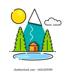 Log Cabin In The Woods Vector Icon Ready For Your Design, Greeting Card, Banner
